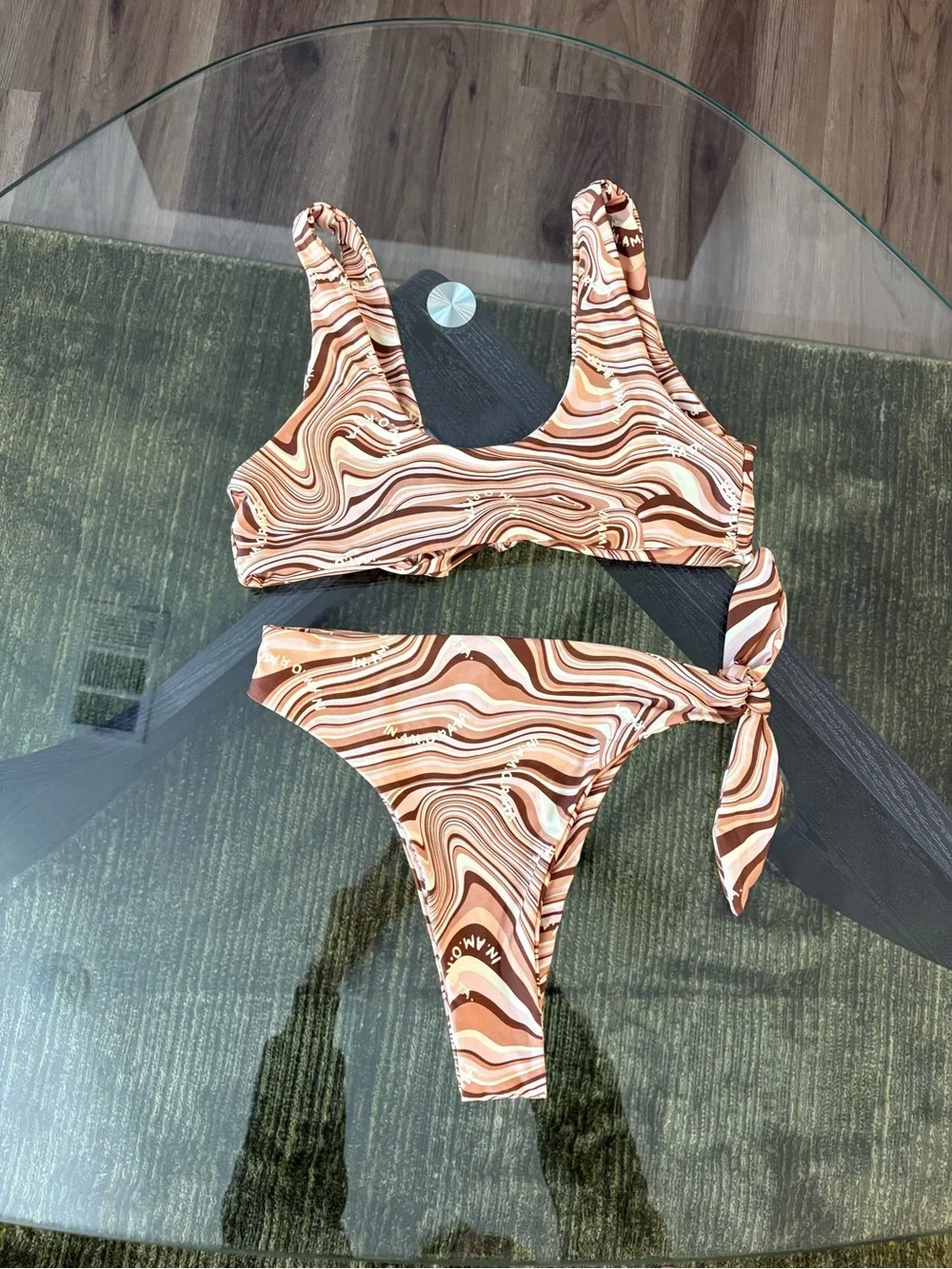 iNAMORATA Swirl-Striped Tie-Front Bikini Top and Tie-Side Bottom Size: M - Picture 2 of 4